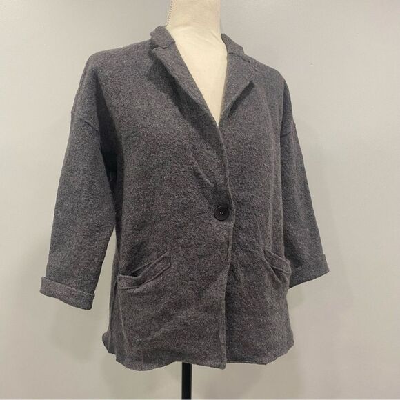 EILEEN FISHER XL Gray Merino Wool One-Button Slouchy Sweater Blazer Notch Collar - Picture 1 of 16